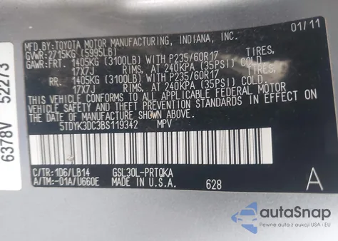 2011 Toyota Sienna Xle V6 z USA, uszkodzony, nr VIN 5TDYK3DC3BS119342